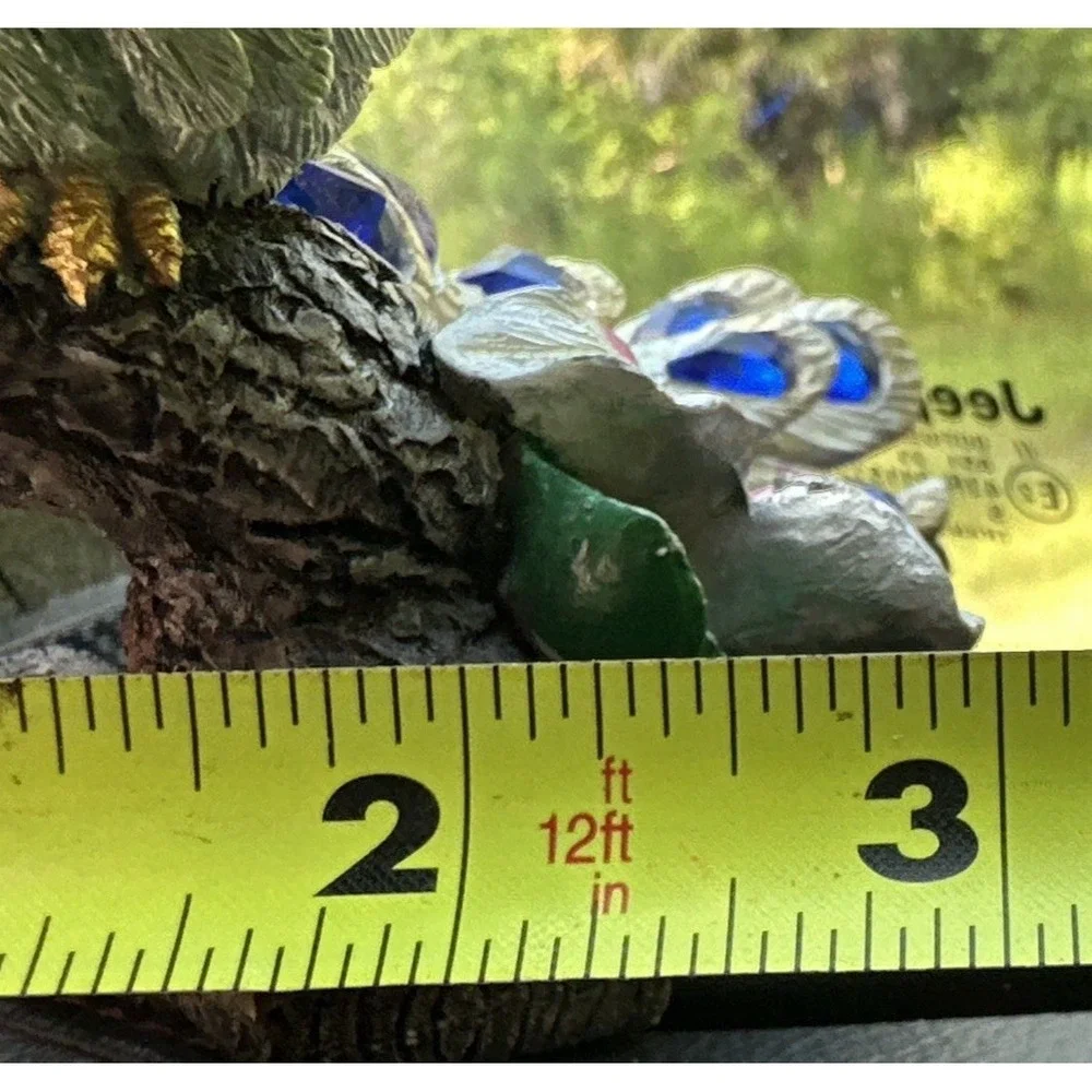 Peacock Figurine Resin Bird Statue Blue Jewel Tail Floral Branch Decor 5.5